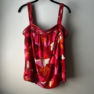 DR2 Red Large Scale Floral Cropped Sleeveless Blouse/Tank - Large